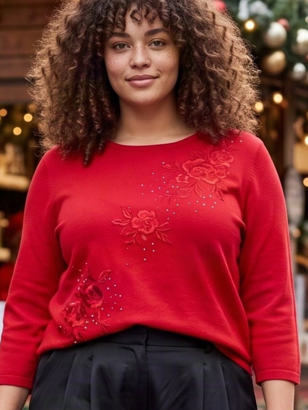 Red Floral Embroidered Sweater